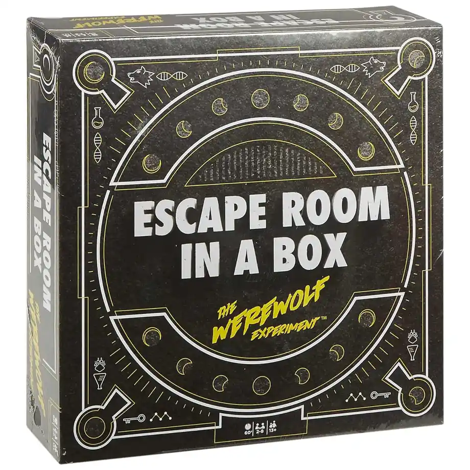 A thrilling Escape Room in a Box: The Werewolf Experiment board game, perfect for Indoor Games night. Designed for 2-8 players, this game challenges participants to solve puzzles and escape before time runs out. Ideal for family fun, parties, or game nights at home!