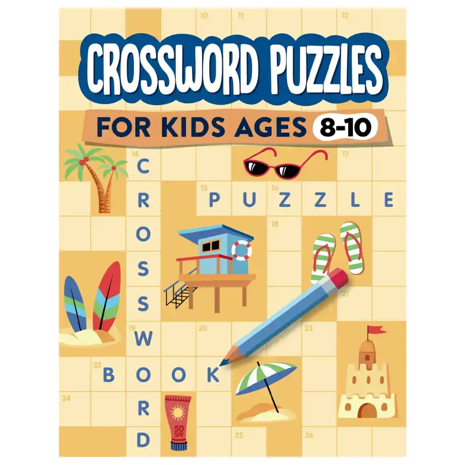 A colorful crossword puzzle book for kids aged 6-8, featuring a camping theme with tents, campfires, and hiking gear. A fun and educational choice for Indoor Games.