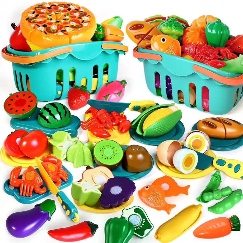 A vibrant play food set with plastic fruits, vegetables, seafood, and bread in two teal baskets. Perfect for pretend cooking and an exciting Indoor Game for kids to enjoy role-playing and creativity. A great addition to Indoor Games for endless fun!