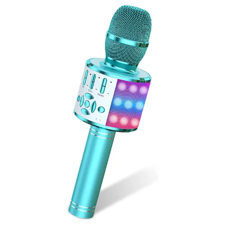 A vibrant blue Bluetooth karaoke microphone with built-in LED lights and control buttons, perfect for home entertainment. Ideal for Indoor Games like karaoke competitions, family game nights, and party sing-alongs, this microphone adds fun with its glowing lights and high-quality audio features.