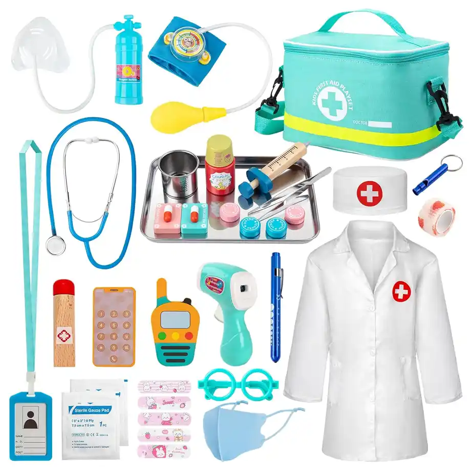 A colorful kids' doctor playset featuring a toy stethoscope, syringe, medical bag, lab coat, and various accessories. This fun and educational kit is ideal for Indoor Games, encouraging role-playing, creativity, and imaginative play. A great choice for aspiring young doctors!