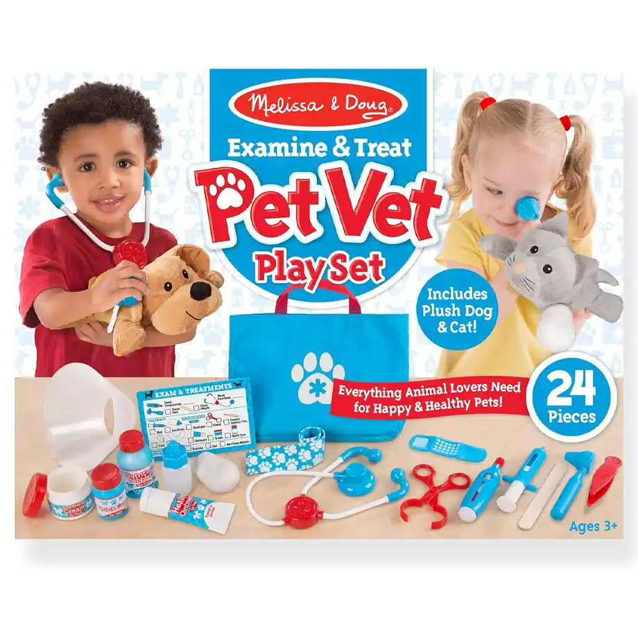 Melissa & Doug Pet Vet Play Set featuring 24 pieces, including plush dog and cat, toy stethoscope, medical tools, and accessories. This interactive toy is perfect for Indoor Games, encouraging imaginative role-play and nurturing skills in young animal lovers.