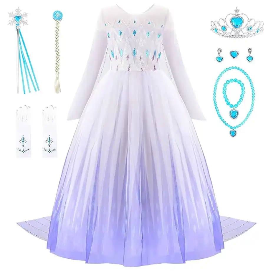 Beautiful princess dress-up costume set featuring an elegant gown, tiara, jewelry, gloves, wand, and braided hairpiece. Perfect for Indoor Games like pretend play, dress-up parties, and imaginative storytelling, making every child feel like royalty.