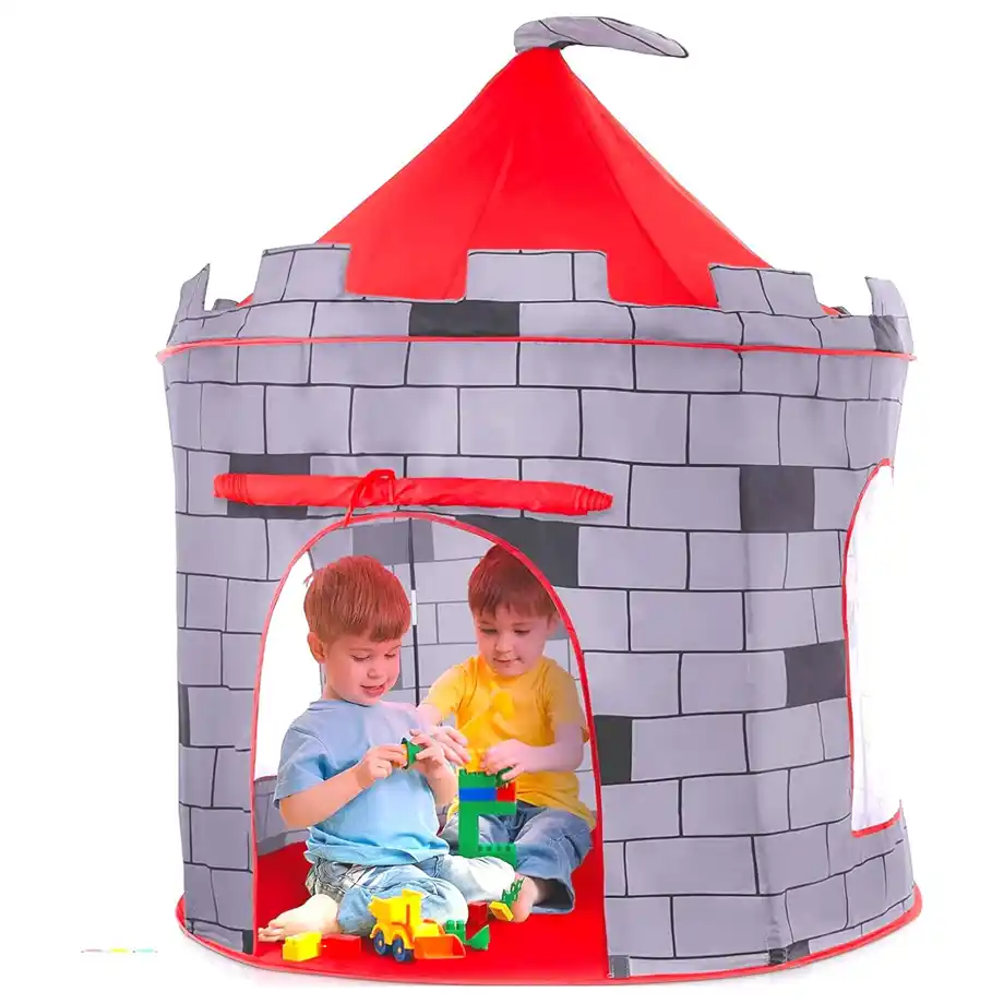 A castle-themed play tent with a red roof and brick-like walls, featuring two young boys playing with building blocks inside. Perfect for Indoor Games, imaginative play, and role-playing adventures, providing endless fun for kids.