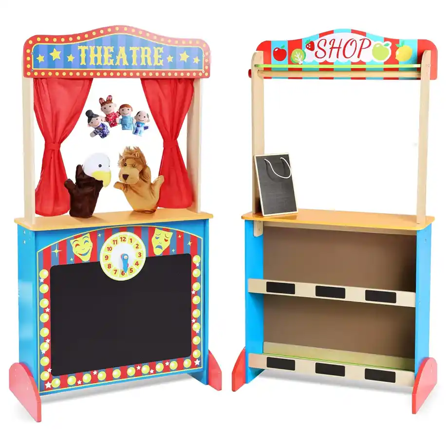 A colorful wooden playset featuring a puppet theatre with red curtains and a shop stand with a chalkboard sign. The puppet theatre includes hand puppets and playful decorations, making it a perfect choice for Indoor Games that encourage creativity, storytelling, and role-playing fun.