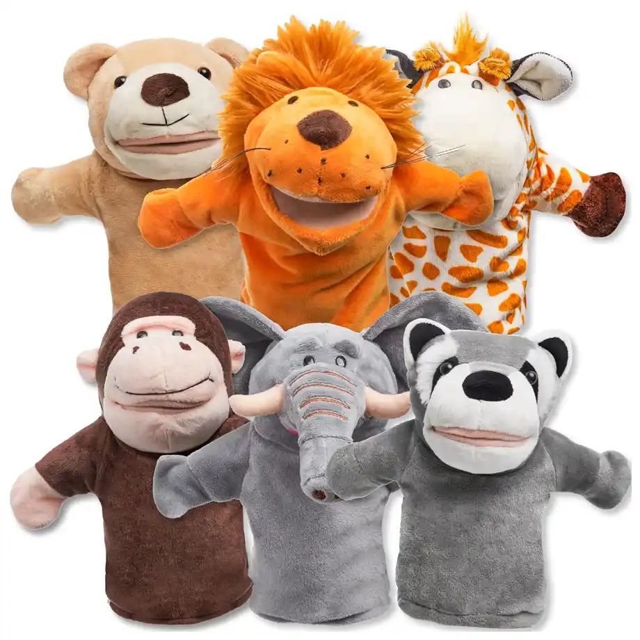 A set of five plush hand puppets featuring various animal and human characters, perfect for interactive storytelling and imaginative Indoor Games. These soft and colorful puppets encourage creativity, role-playing, and social interaction, making them a great addition to any playroom or classroom.