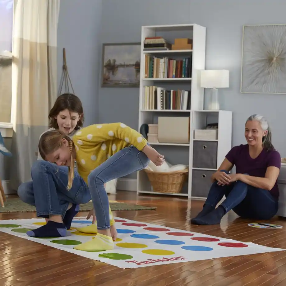 The classic Twister game featuring a colorful mat and spinner, perfect for exciting and interactive indoor games with family and friends.