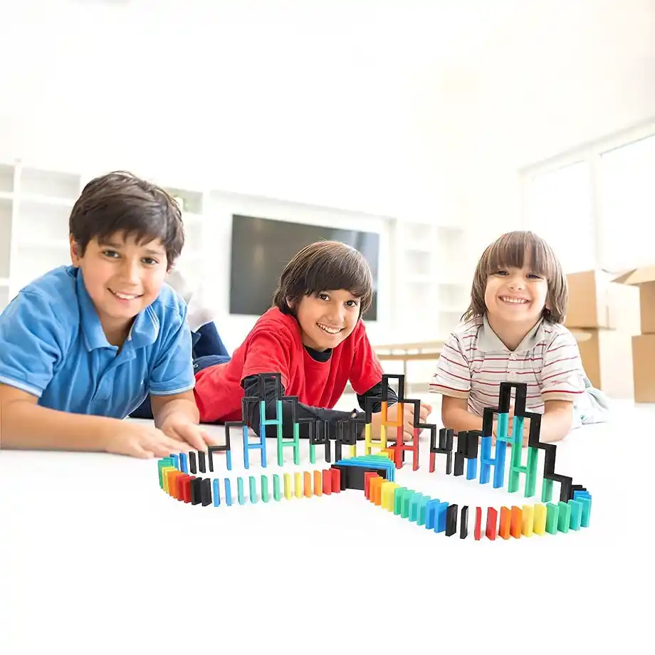 A large set of colorful dominoes perfect for exciting indoor games, including stacking, toppling, and creative chain reactions, making it a fun and educational activity for all ages.