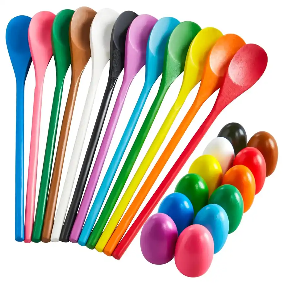 A vibrant set of multicolored wooden spoons and matching eggs designed for the classic egg and spoon race. This fun and engaging activity is perfect for Indoor Games, helping to improve balance and coordination while adding excitement to family gatherings, school events, and parties.