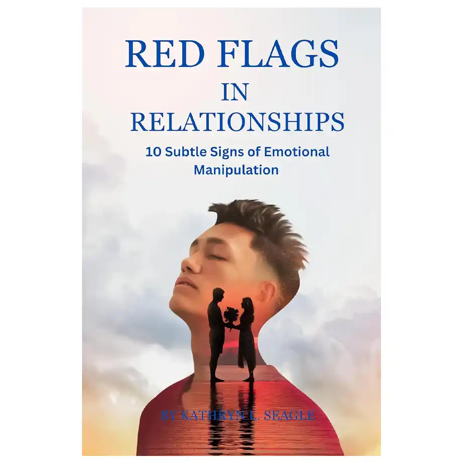 A surreal book cover featuring a man with his eyes closed and a couple inside his silhouette. The scene symbolizes red flags in relationship and emotional manipulation with a dreamy and introspective design.