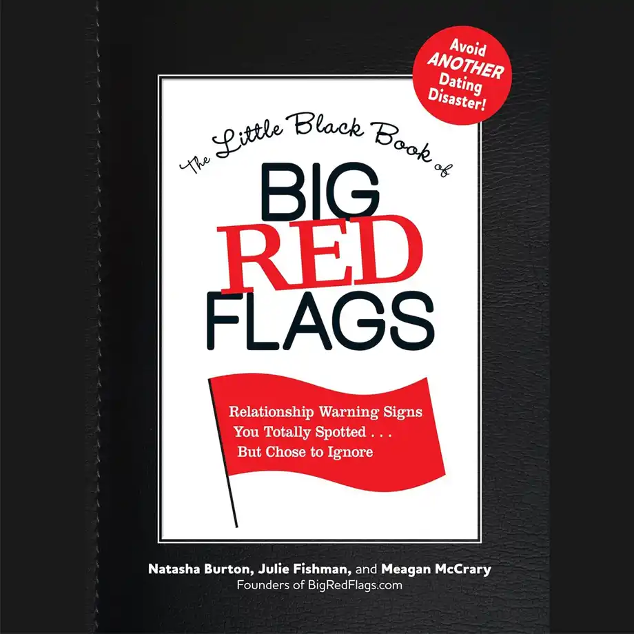 The book cover of 'The Little Black Book of Big Red Flags' features bold black and red text on a white background, framed by a black border. A red flag illustration contains the subtitle: 'Relationship Warning Signs You Totally Spotted... But Chose to Ignore.' A red circular sticker in the top corner warns, 'Avoid Another Dating Disaster!' This book helps readers identify red flags in relationship dynamics and avoid toxic dating patterns.