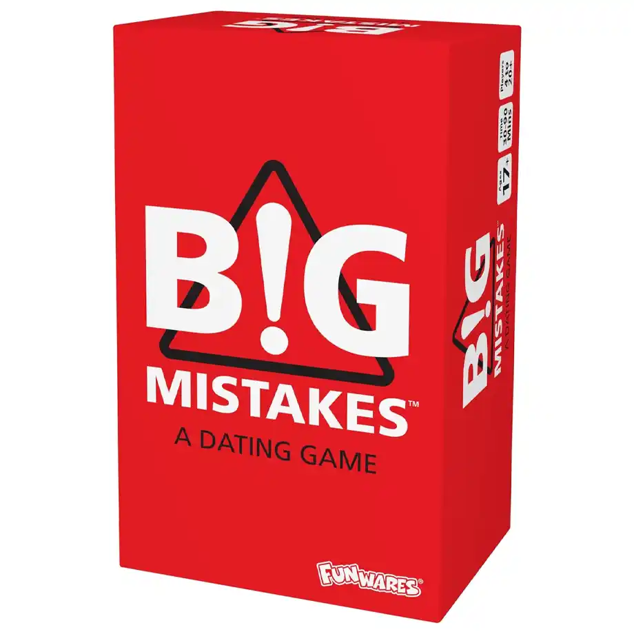 A red box featuring the Big Mistakes dating game by Funwares with bold white text and an exclamation mark inside a warning triangle This party game is designed to spark fun discussions about red flags in relationships and dating mishaps