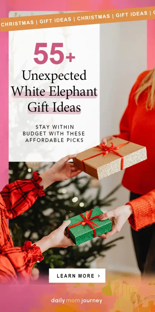 55+ Unexpected White Elephant Gift Ideas A festive holiday-themed image featuring two people exchanging beautifully wrapped presents in front of a Christmas tree, promoting unique and budget-friendly white elephant gift ideas.