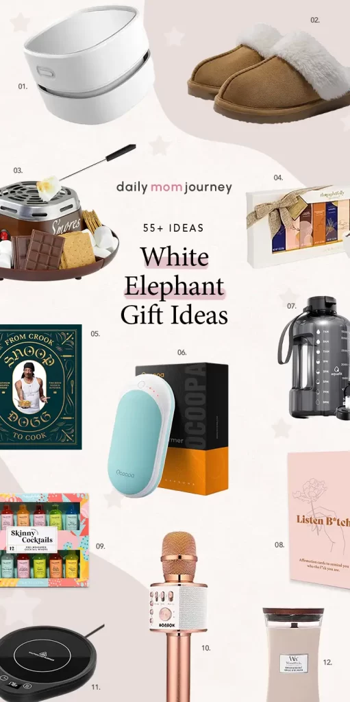 Creative White Elephant Gift Ideas for Fun Exchanges A stylish collage showcasing a variety of quirky and thoughtful white elephant gift ideas, including cozy slippers, a s'mores maker, a cookbook, and more.