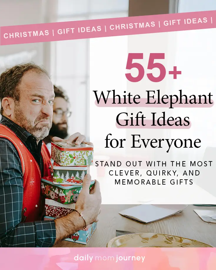55+ White Elephant Gift Ideas for Everyone A humorous holiday image featuring a man in a festive sweater holding a stack of wrapped presents, emphasizing clever and unexpected white elephant gift ideas.
