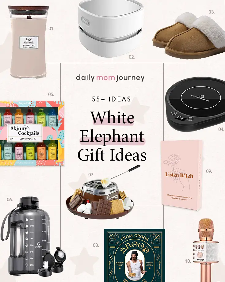 A visual compilation of top white elephant gift ideas, displaying a mix of fun, useful, and entertaining presents like a microphone, cocktail mixers, and affirmation cards.