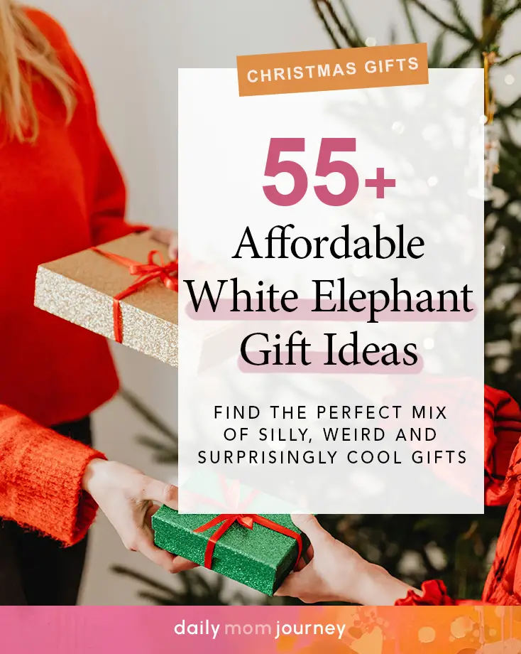 55+ Affordable White Elephant Gift Ideas for the Holidays A Christmas-themed image showing two people exchanging small, wrapped gifts with red ribbons, highlighting fun and affordable white elephant gift ideas.