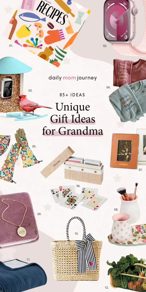 Unique and Creative Best Gifts for Grandma Flat lay of creative presents including recipe book, gloves, and accessories—perfect inspiration for the best gifts for grandma.