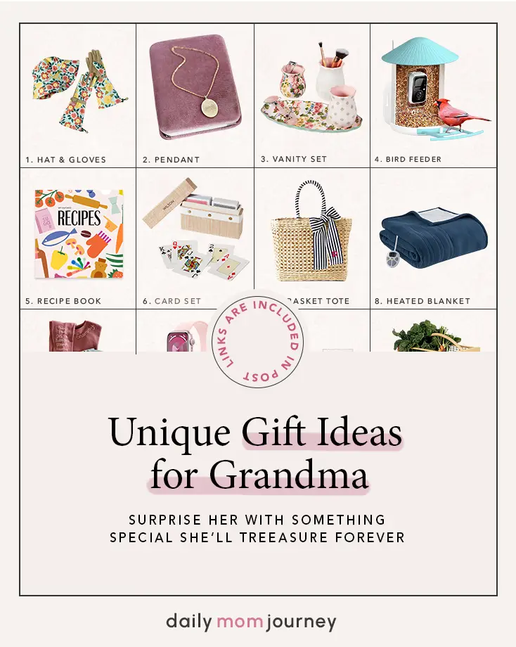 Grid of curated products like card sets and bird feeders, perfect for choosing the best gifts for grandma who has everything.