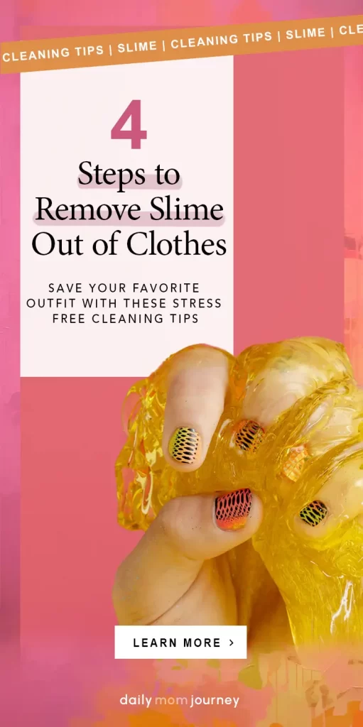Cleaning Tips for How to Remove Slime Out of Clothes A close-up of a hand gripping sticky yellow slime with bold graphic text explaining how to remove slime out of clothes using simple stress-free cleaning tips.