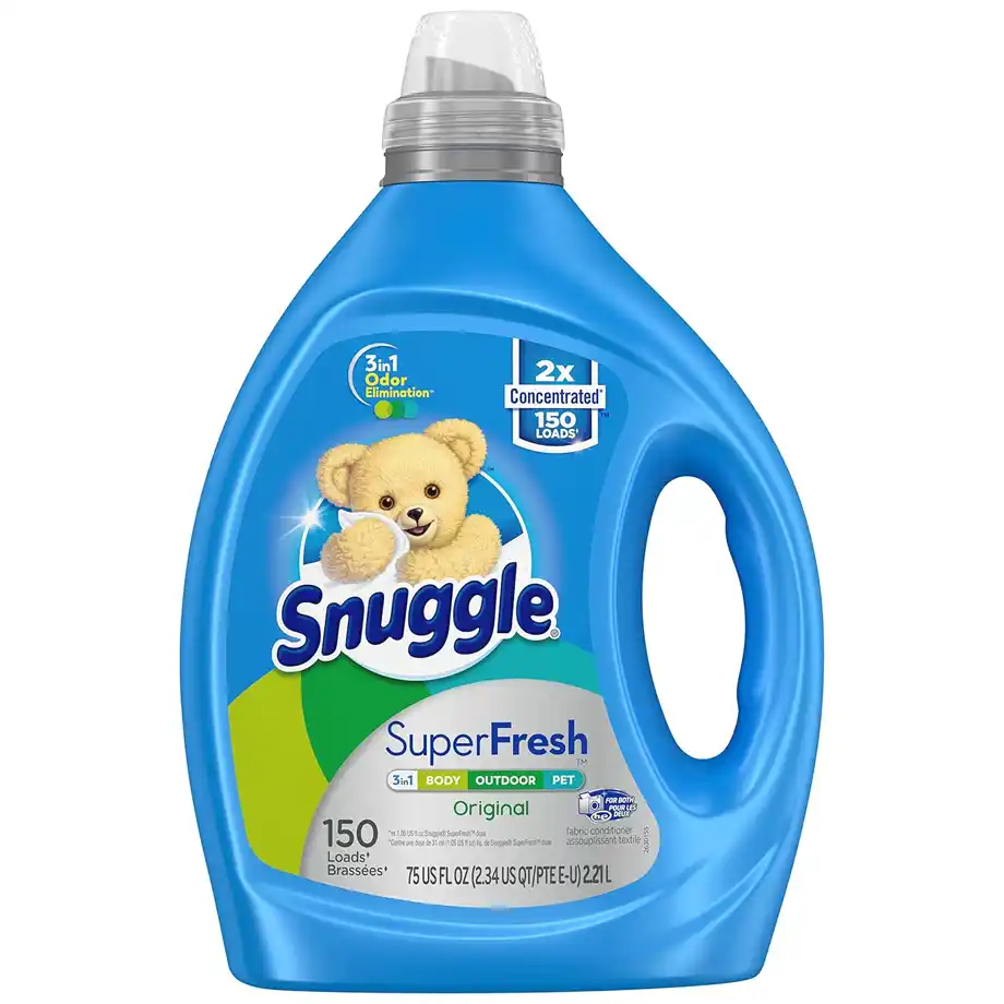 Snuggle SuperFresh Fabric Softener with original scent, designed to soften clothes and eliminate odors. Perfect for helping remove slime stains from clothes while keeping them fresh. Learn how to get slime out of clothes with this gentle and effective softener.