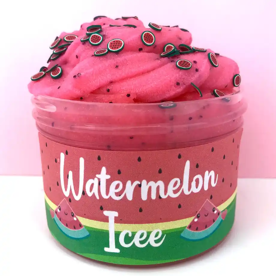 Watermelon Slime Icee Freeze Scented Slime, a vibrant and fragrant slime perfect for playtime. If you're wondering how to get slime out of clothes, this fun slime is easy to clean up with the right stain remover, making it a great choice for kids.